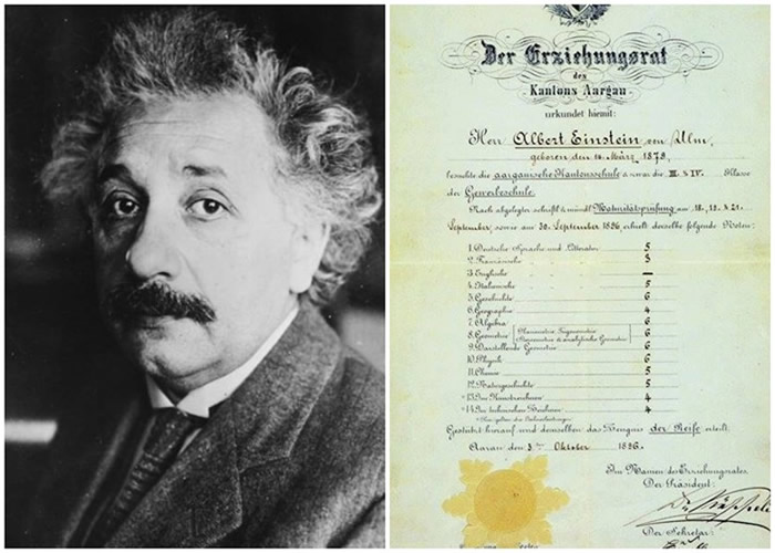 “现代物理学之父”爱因斯坦的高中成绩表曝光 理科多数取得满分