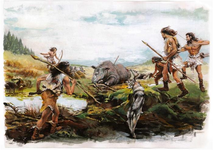 5,200年前青藏高原东北部马家窑文化先民狩猎印度野牛和苏门答腊犀牛的场景复原图 （复原图由董广辉设计、张海岩绘制；版权所有）