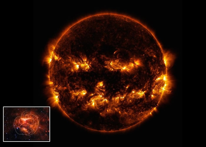 NASA上载的太阳表面观测照片，酷似万圣节南瓜雕刻（小图）。