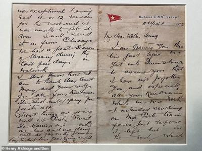 铁达尼号英雄牧师最后信件将在英国亨利．奥尔德里奇父子拍卖行拍卖