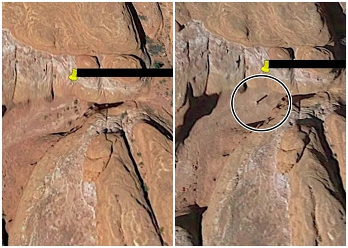 卫星图片显示金属柱早已存在。左右图分别为2015年及2016年拍摄。