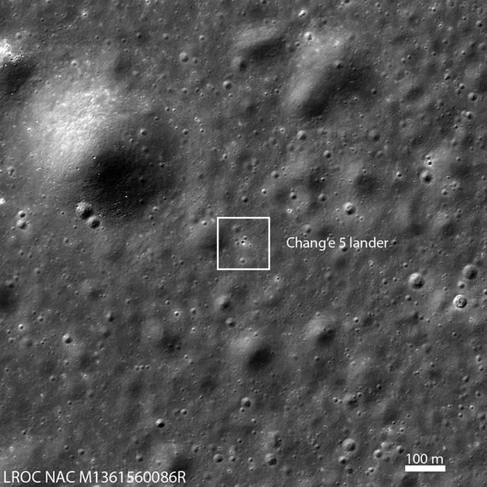 NASA的月球勘测轨道飞行器LRO拍摄到月球表面的嫦娥五号探测器