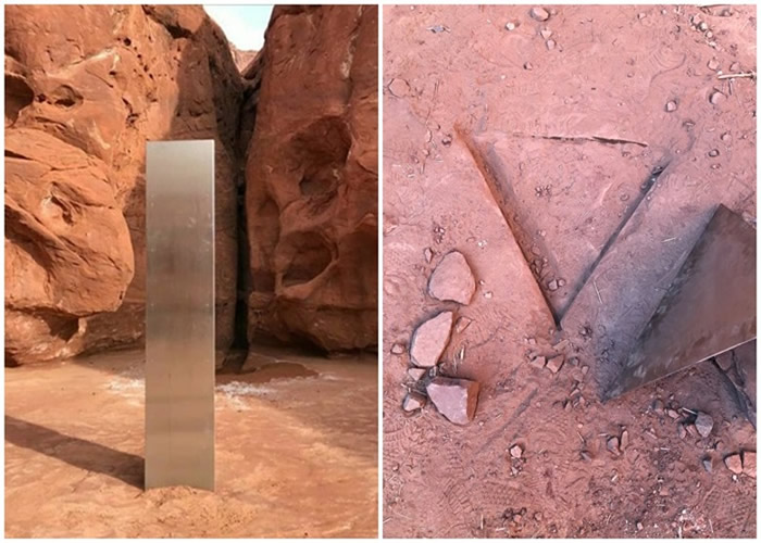 美国犹他州沙漠神秘金属柱离奇消失 疑遭不明人士偷走