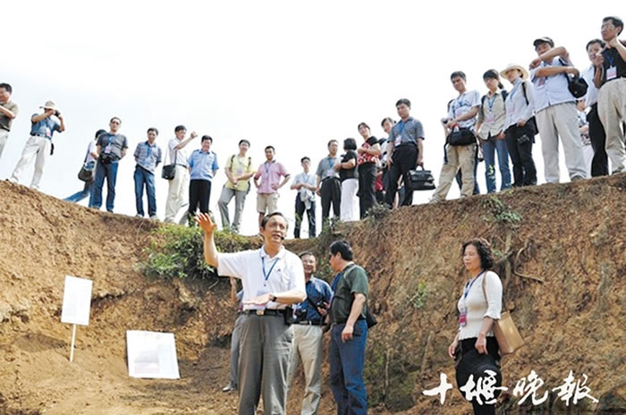 湖北省考古所专家李天元（中）在“郧县人”头骨化石发掘现场介绍发掘情况。（资料图片）