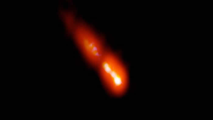 甚长基线阵列(VLBA)望远镜观察到128亿光年外PSO J0309+27星系核心喷射出的物质