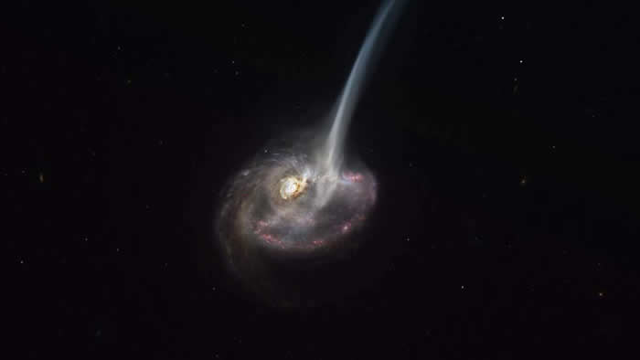 ALMA射电望远镜捕捉到早期宇宙中两个巨大的螺旋星系（ID2299）碰撞后喷出大量气体