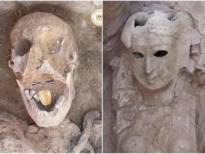 埃及塔波西里斯马格那神庙发现2000年历史口中含着一片金色舌头的木乃伊