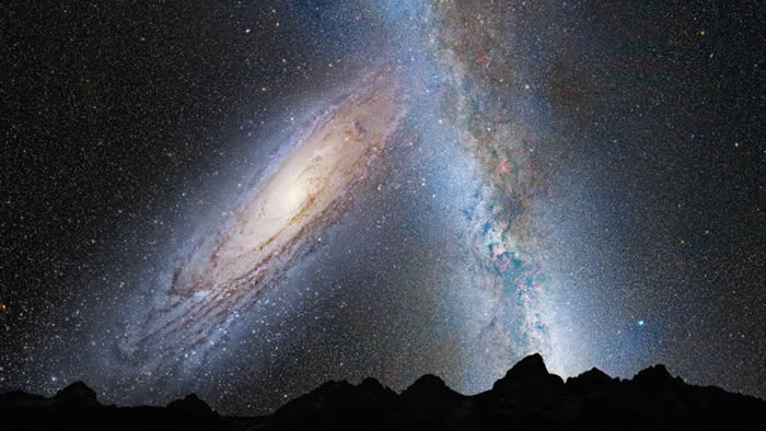 这张插图显示了我们的银河系和邻近的仙女座星系之间预测合并的一个阶段，因为它将在未来几十亿年内展开。在这张代表37.5亿年后地球夜空的图片中，仙女座星系（左）充满
