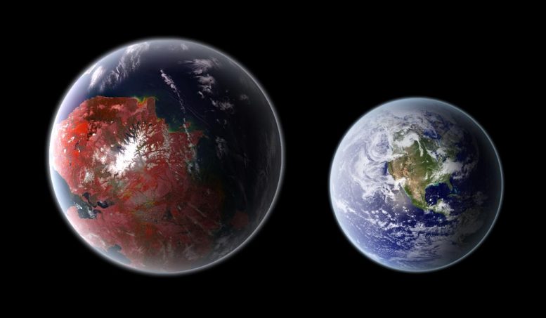 潜在的宜居行星开普勒422-b（左）与地球（右）的艺术表现。资料来源：Ph03nix1986 / Wikimedia Commons