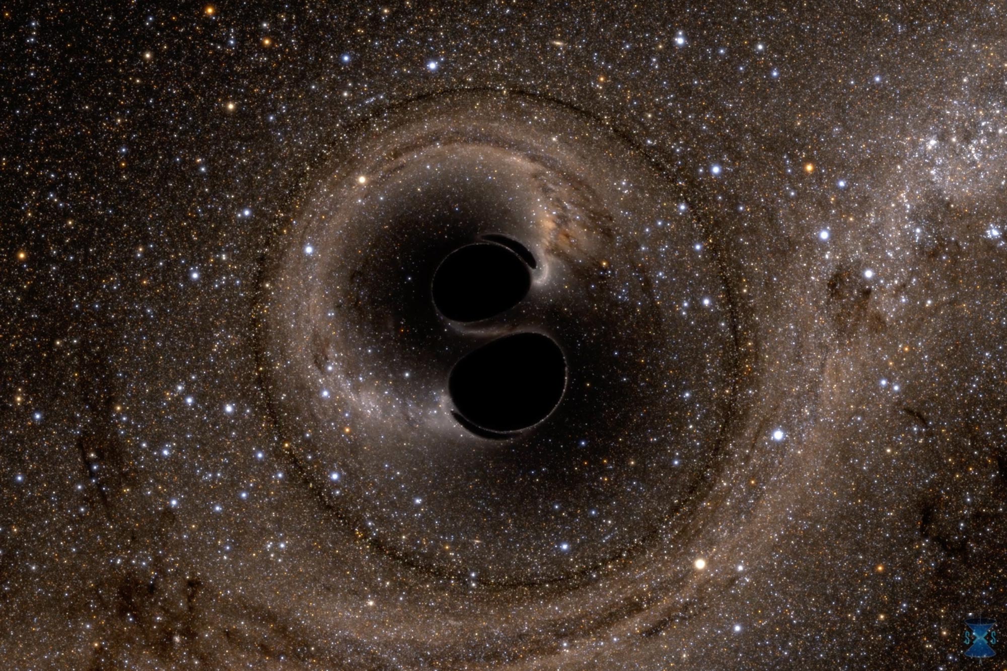 计算机模拟产生引力波信号的GW150914黑洞（来自：LIGO / SXS项目）