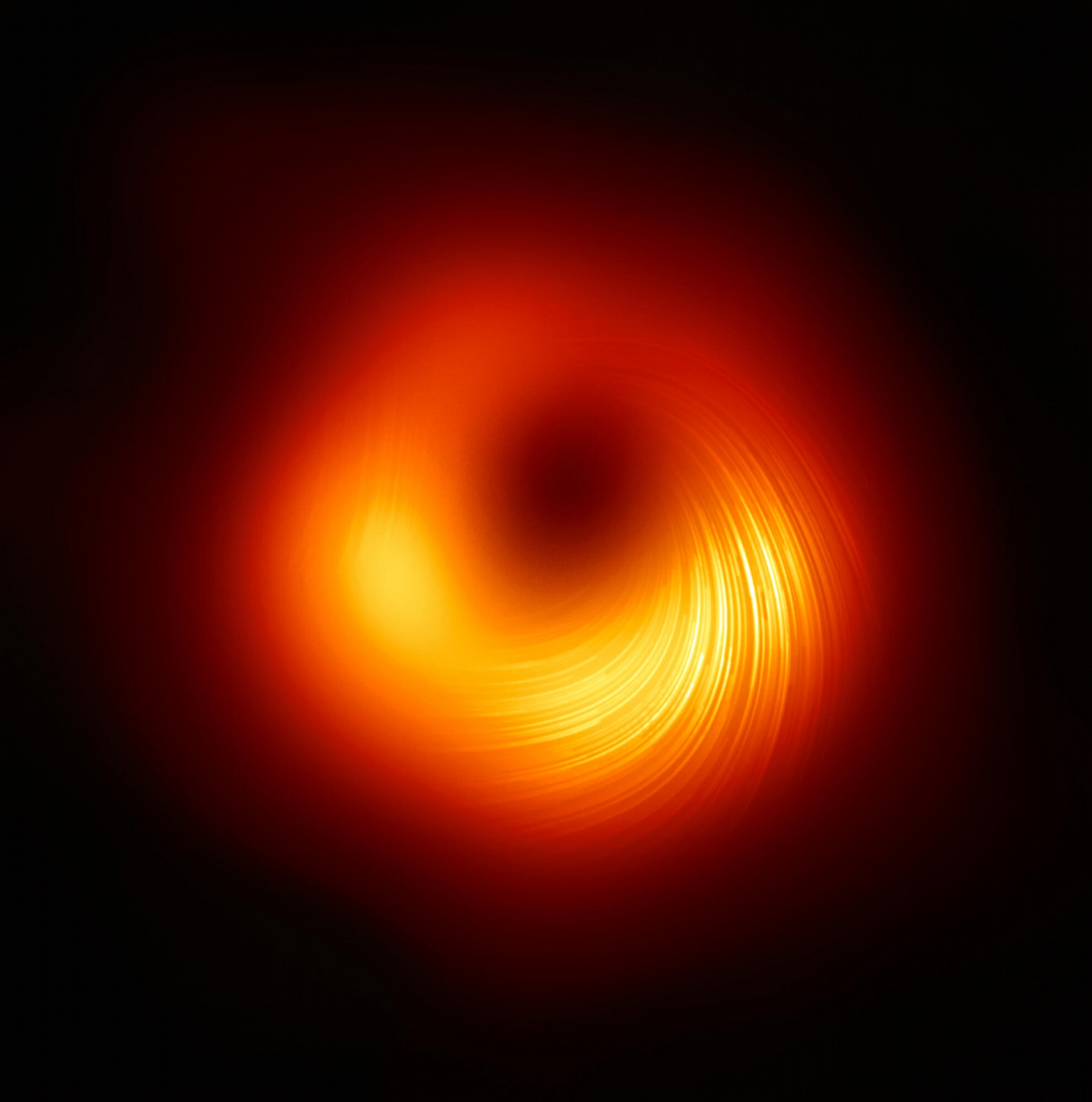 2021 年 3 月事件视界望远镜公布了 M87 星系中心黑洞的偏振光影像，图中的条纹是光的偏振方向。资料来源│EHT Collaboration