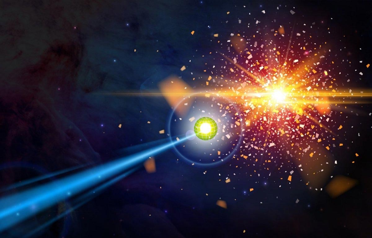 图中显示了一个逃离超新星爆炸的铝-26原子核（绿色），它随后将通过伽马射线发射而衰变