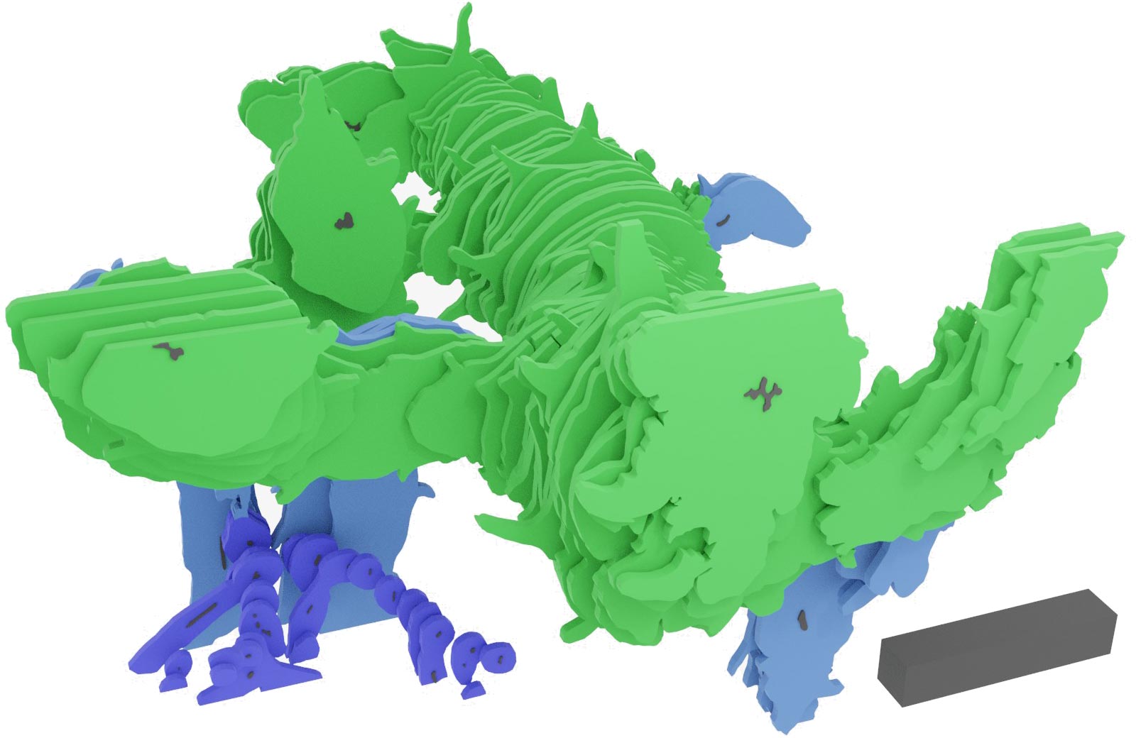 Asteroxylon mackiei的三维重建是通过数字方式重新组合薄薄的岩石片制成的。该重建显示了绿色的高度分枝的叶状枝，以及蓝色和紫色的根系。3D比例尺为