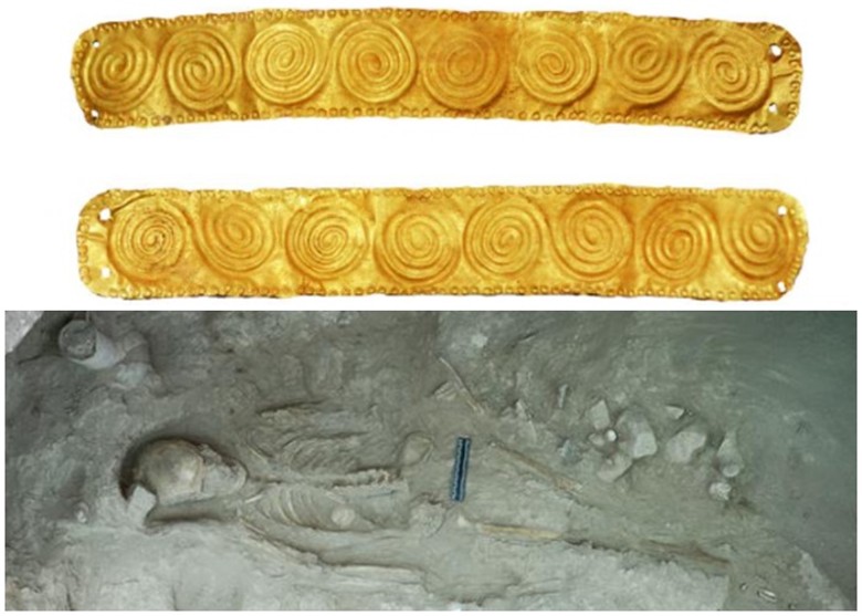 考古人发现多具骸骨（下图），其中发现陪葬品包括纯金头饰（上图）。