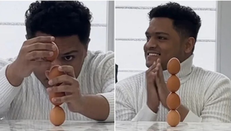 也门男子Mohammed Muqbel把4只鸡蛋垂直叠起 刷新自己创下的旧有健力士世界纪录
