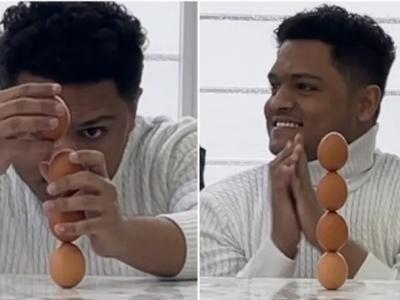 也门男子Mohammed Muqbel把4只鸡蛋垂直叠起 刷新自己创下的旧有健力士世界纪录