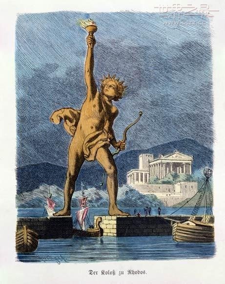 世界七大奇迹之六，罗得岛上的太阳神巨型雕像，建于公元前305年；